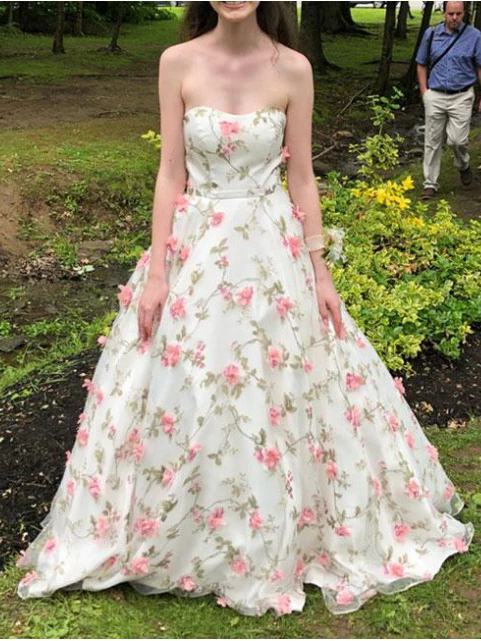 A Line Floral Long Prom Dresses Strapless Beautiful Flower Printed Prom Dresses INR43