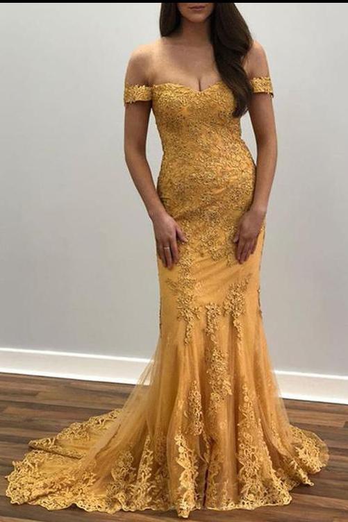 Trumpet/Mermaid Off-the-shoulder Lace Appliques Long Prom Dress Evening Dresses INR52