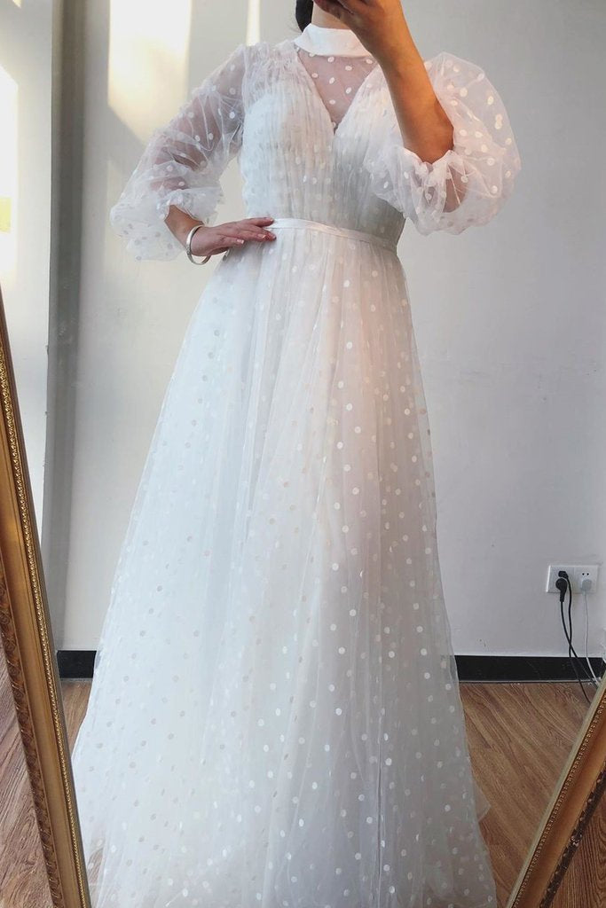 A-line High Neck Long Sleeves White Long Prom Dress Formal Gowns INS75