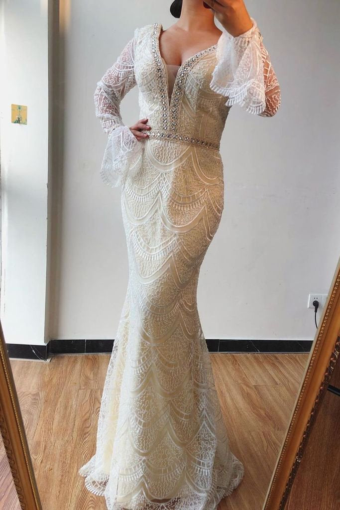 Trumpet/Mermaid V neck Lace Beaded Long Sleeves Prom Dress Formal Elegant Evening Gowns INS74