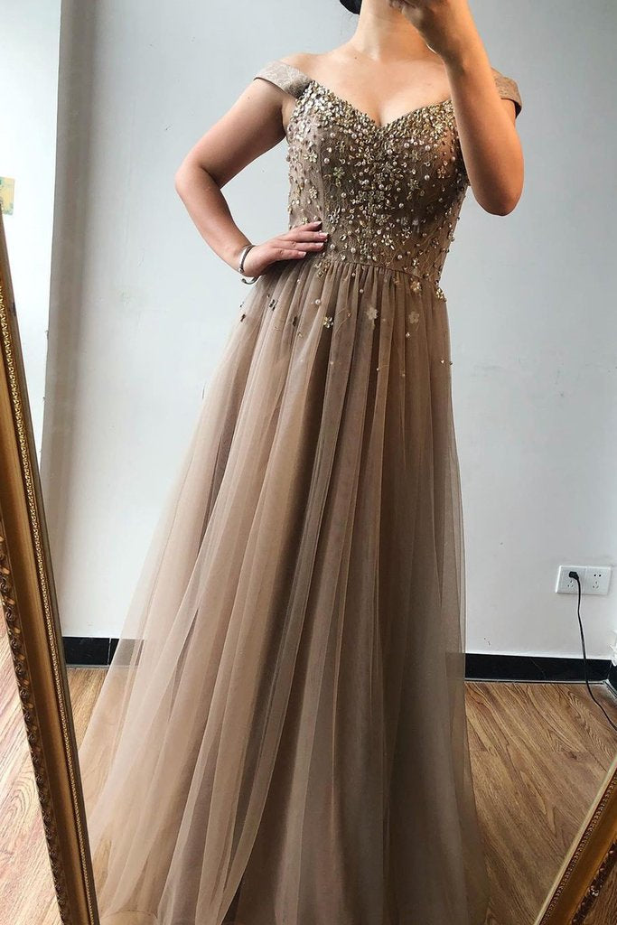 A-line Off-the-shoulder Beaded Long Prom Dress Brown Evening Gowns INS72