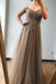 A-line Off-the-shoulder Beaded Long Prom Dress Brown Evening Gowns INS72