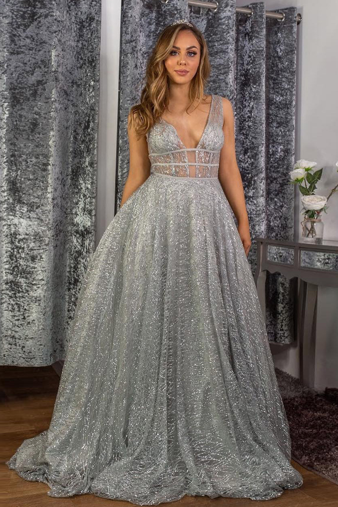 Stunning A-line V neck Sparkly Tulle Evening Dresses Silver Prom Dress INS16