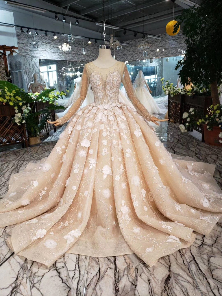 Princess Long Sleeves Ball Gown Wedding Dresses, Floral Appliques Wedding Gown INJ95