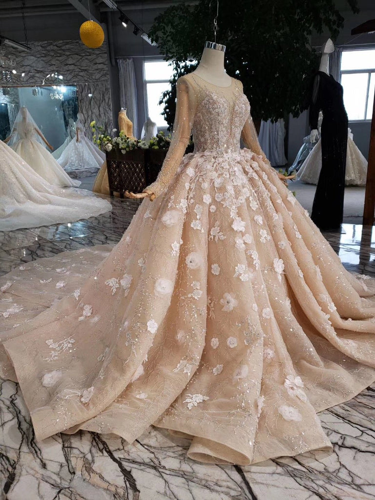 Princess Long Sleeves Ball Gown Wedding Dresses, Floral Appliques Wedding Gown INJ95