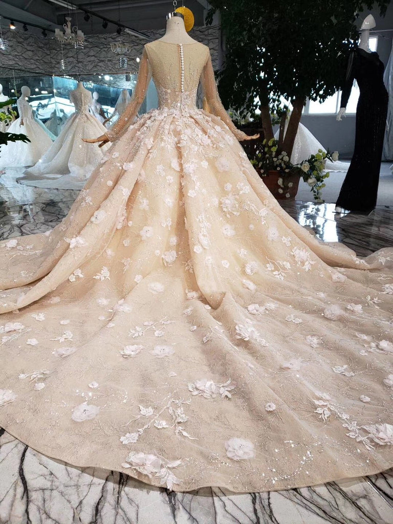 Princess Long Sleeves Ball Gown Wedding Dresses, Floral Appliques Wedding Gown INJ95