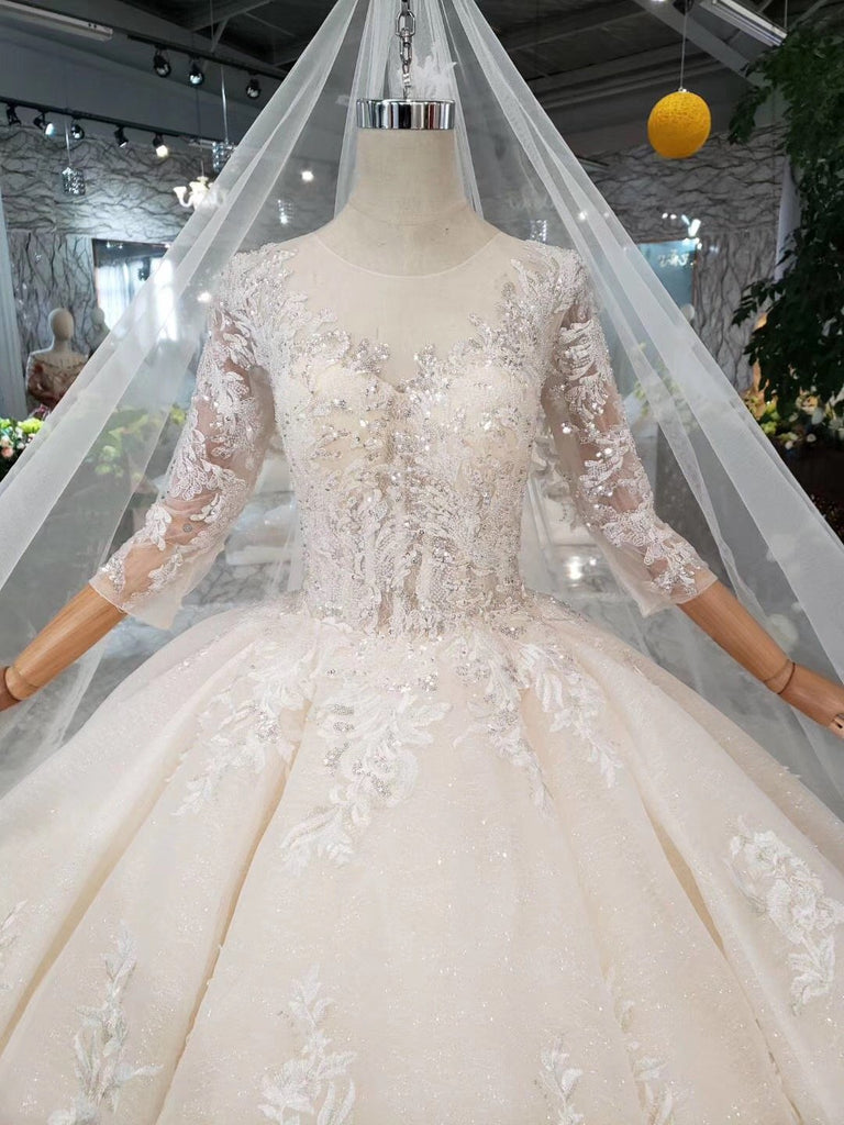 Elegant Scoop Ball Gown Wedding Dresses, 3/4 Sleeves Wedding Gown INJ97