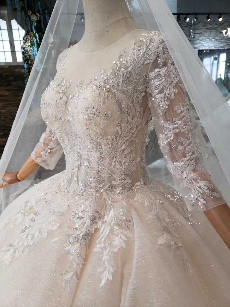 Elegant Scoop Ball Gown Wedding Dresses, 3/4 Sleeves Wedding Gown INJ97