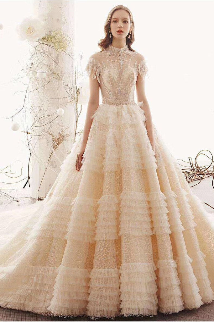 Princess High Neck Ball Gown Wedding Dresses, Short Sleeves Bridal Dress INK1