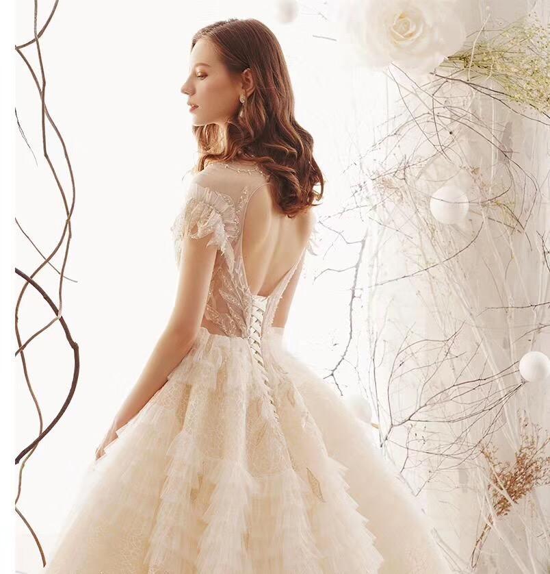 Princess High Neck Ball Gown Wedding Dresses, Short Sleeves Bridal Dress INK1