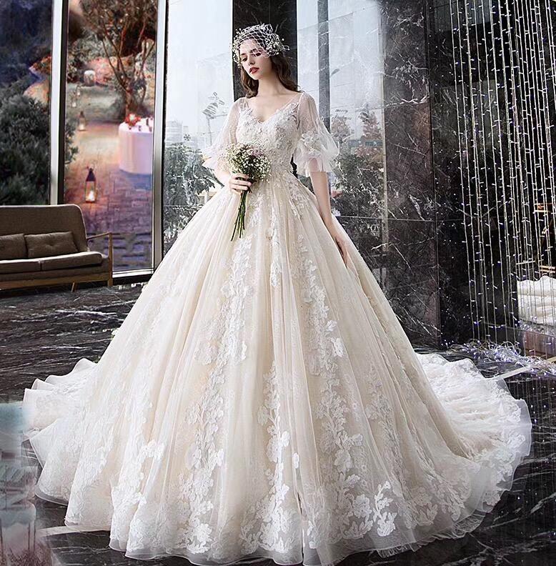 Charming Half Sleeves Ball Gown Wedding Dresses, Appliques V Neck Bridal Dress INK2