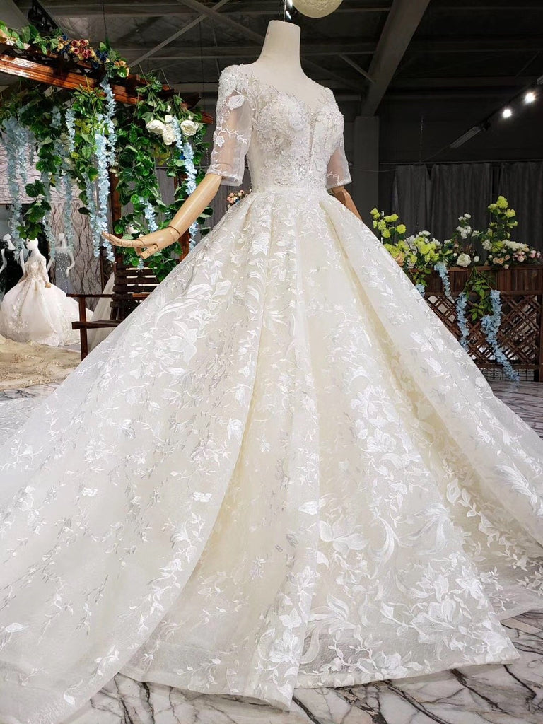 Lace Half Sleeves Ball Gown Wedding Dresses, Fashion Beading Big Wedding Gown INK3