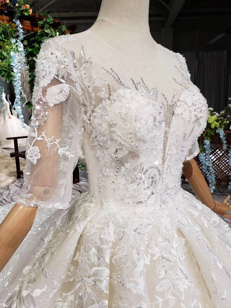 Lace Half Sleeves Ball Gown Wedding Dresses, Fashion Beading Big Wedding Gown INK3