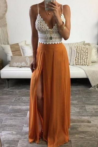 Sexy Spaghetti Straps Sleeveless Lace Top Long Prom Dress Evening Gown INS55