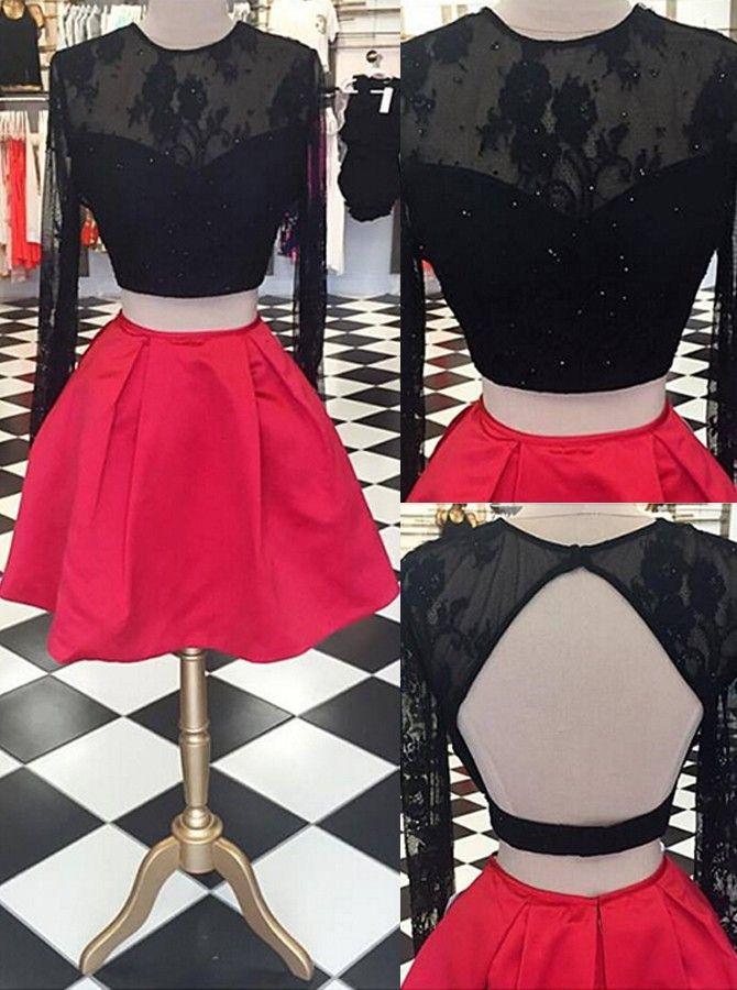 Long sleeve two pieces open back unique style red homecoming prom dresses with black lace IN324