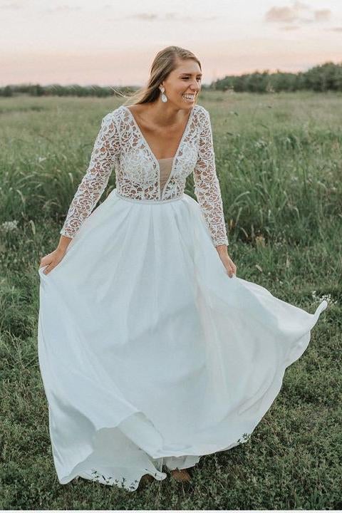 Long Sleeves A Line V Neck Lace Top Long Wedding Dress ING80