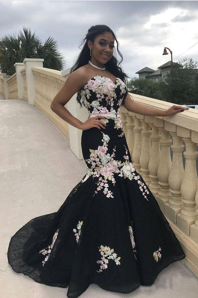 Black Mermaid Prom Dresses Strapless Embroidery Applique Sexy Prom Dresses INP4