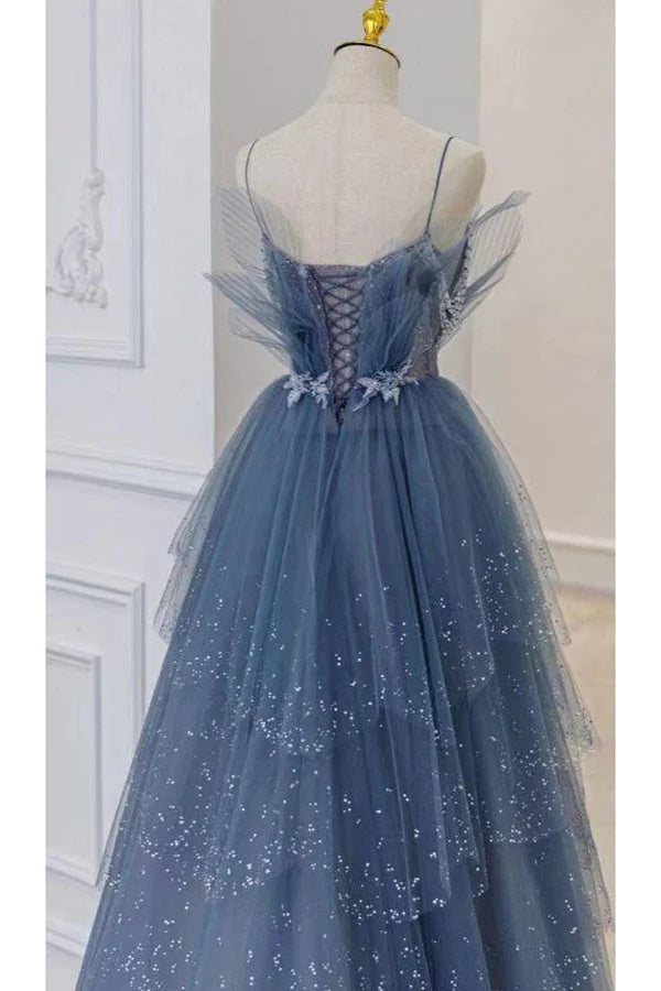 Dusty Blue Sparkly Tulle Beaded Prom Dress, Tiered Formal Gown With Rhinestone IN1932