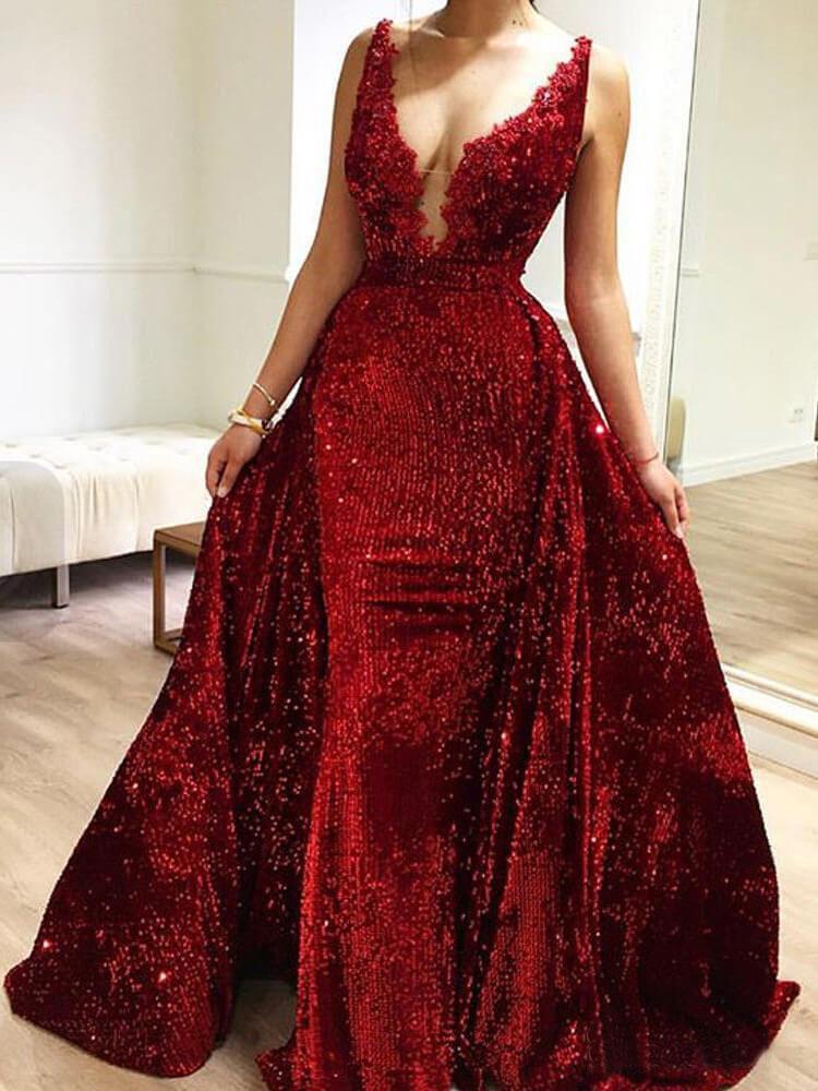 Burgundy Sequins Long V Neck Prom Dresses Lace Evening Dresses INP1