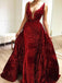 Burgundy Sequins Long V Neck Prom Dresses Lace Evening Dresses INP1