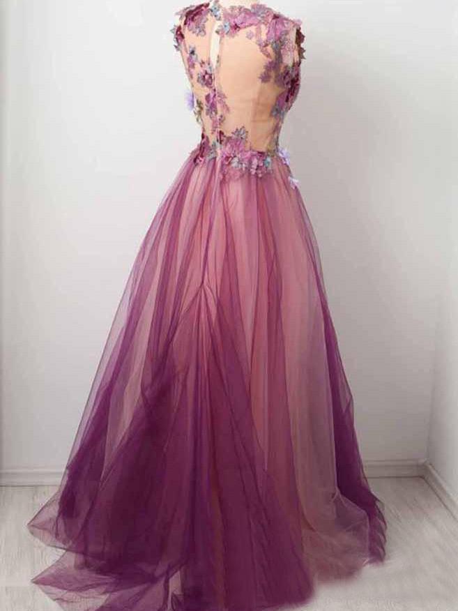 Tulle Flower A Line Prom Dresses Scoop neck Appliqued Party Dress INP15