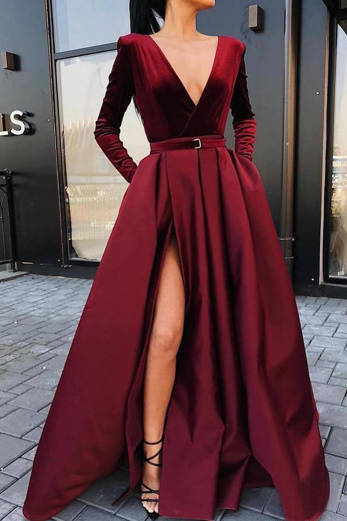 Maroon long sleeve formal dress best sale