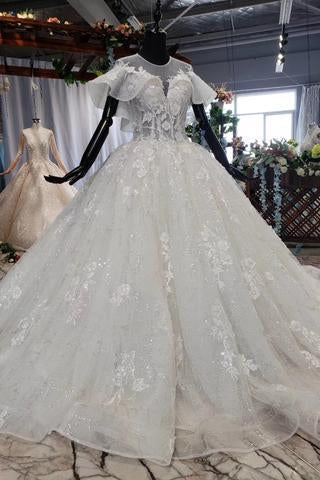 Elegant Ball Gown Big Wedding Dresses, Appliques Bridal Dress with Short Sleeves INN73