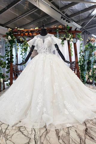 Elegant Ball Gown Big Wedding Dresses, Appliques Bridal Dress with Short Sleeves INN73