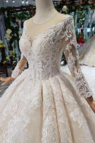 Princess Long Sleeves Ball Gown Lace Wedding Dresses, Long Bridal Dress INN43