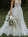 Deep V Neck Flower Applique Wedding Dresses Ivory A Line Wedding Gowns INP87