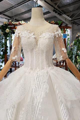 Ball Gown Half Sleeves Lace Bridal Dress with Sequins, Princess Long Wedding Dress INN72