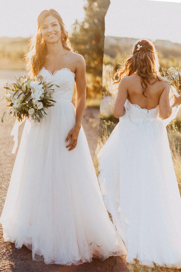 Beach Sweetheart White Wedding Dress with Lace,Casual A Line Wedding Dresses IN109