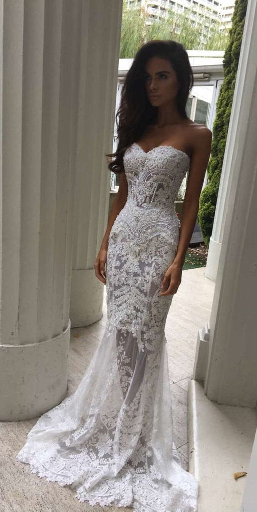 Charming White Lace Mermaid Sexy Sweetheart Sexy Long Beach Wedding Dresses IN184