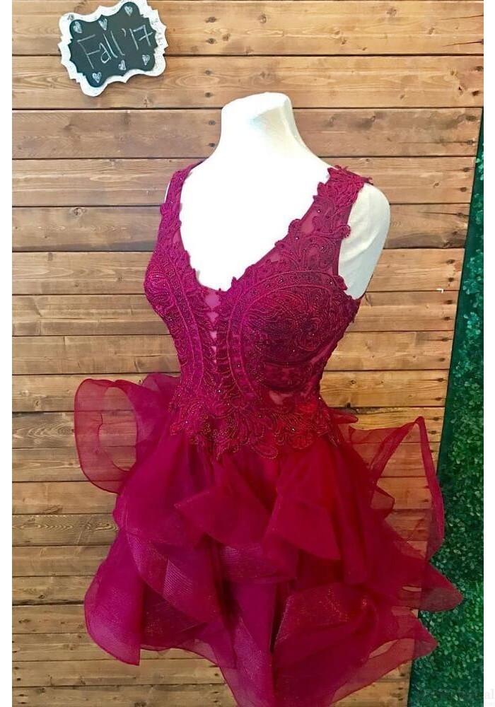 Organza Lace Short Party Dresses,Lace V Neck Prom Dresses,Burgundy Homecoming Dresses IN498