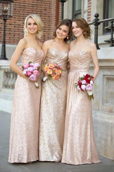 Gold Sequin Sweetheart Bridesmaid Dresses,Strapless Long Bridesmaid Dress IN115