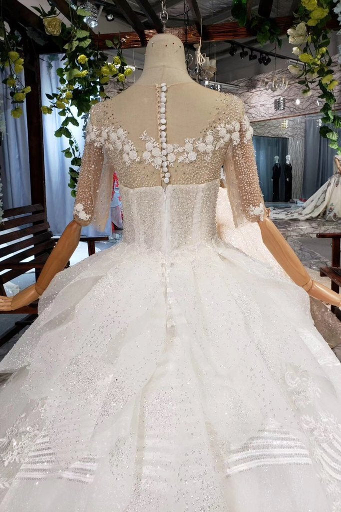 Ball Gown Half Sleeves Lace Bridal Dress with Sequins, Princess Long Wedding Dress INN72