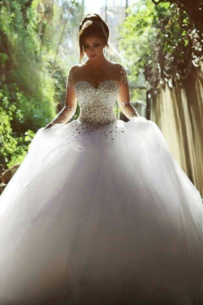 Stunning Long Sleeves Tulle Ball Gown Beaded Wedding Dress INH69