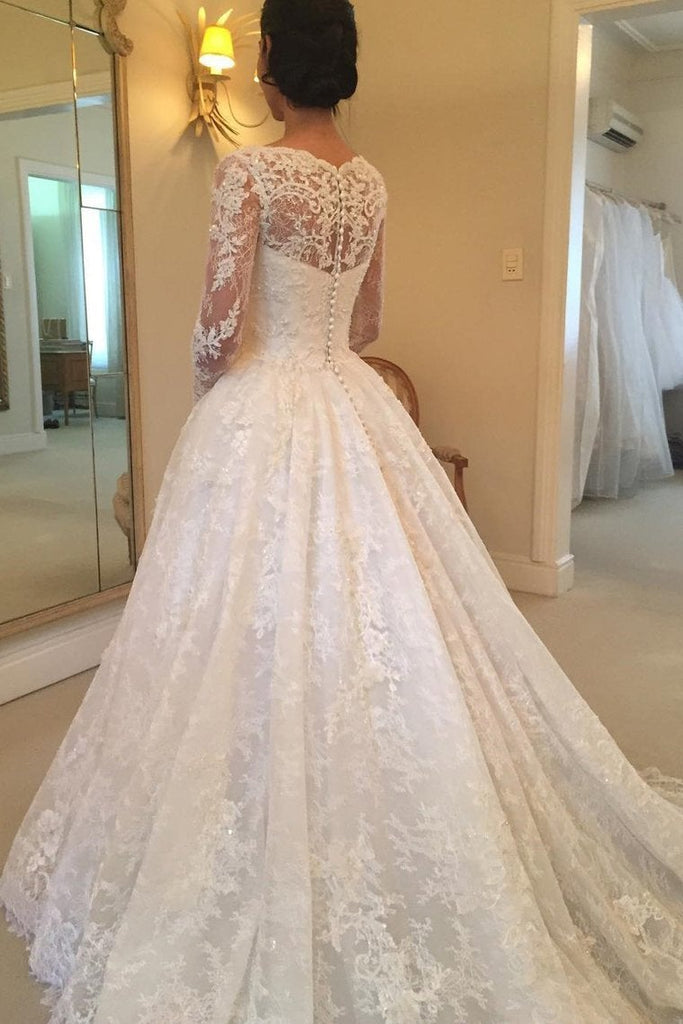 Long Sleeves Scoop Off White Lace A Line Elegant Wedding Dresses ING93