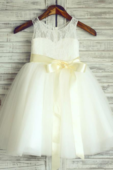 A-Line Round Neck White Flower Girl Dress with Lace Sash INP24