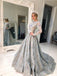 Long Sleeve Grey Lace A Line Long Evening Prom Dress for Teens ING90