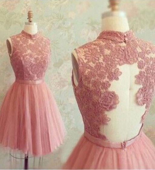 Gorgeous A-line High neck Pink Lace Appliques Short Tulle stunning Homecoming Dresses IN333