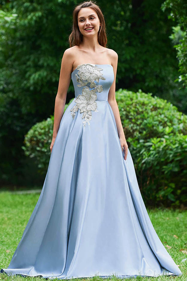 A Line Strapless Sky Blue Satin Long Prom Dresses With Appliques INC34