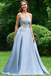 A Line Strapless Sky Blue Satin Long Prom Dresses With Appliques INC34