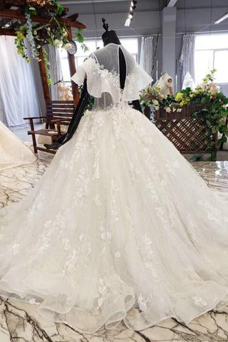 Elegant Ball Gown Big Wedding Dresses, Appliques Bridal Dress with Short Sleeves INN73