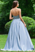 A Line Strapless Sky Blue Satin Long Prom Dresses With Appliques INC34