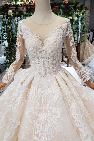 Princess Long Sleeves Ball Gown Lace Wedding Dresses, Long Bridal Dress INN43