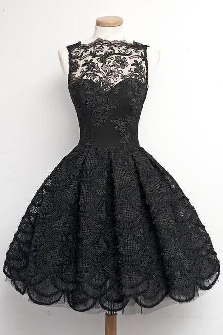 A-Line Short Sleeveless Vintage Black Lace Prom/Homecoming Dress stunning IN229