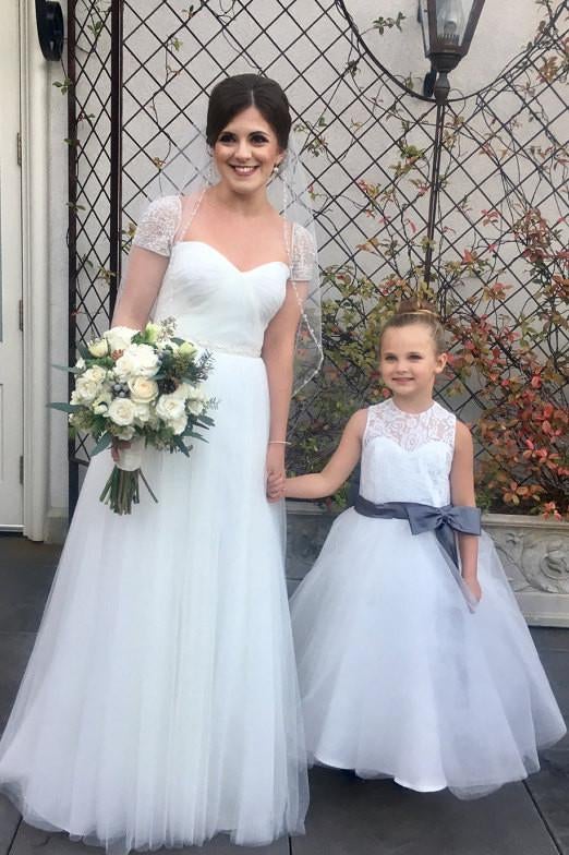 Light Ivory Lace Tulle Long Sleeveless Flower Girl Dress With Dark Grey Sash/Bows IN212