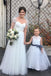 Light Ivory Lace Tulle Long Sleeveless Flower Girl Dress With Dark Grey Sash/Bows IN212