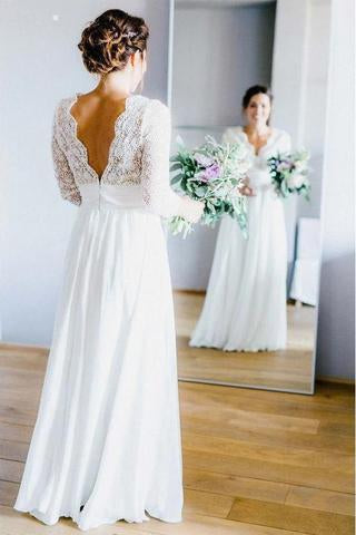 3/4 Sleeves Chiffon Beach Wedding Dress with Lace, V Neck Backless Bridal Dress INN90